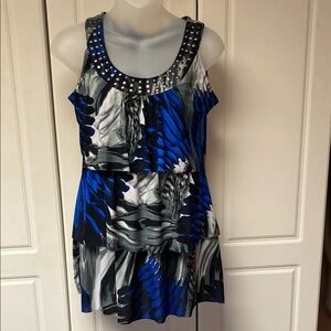Blue and Black Sleeveless top with Studded Neckline